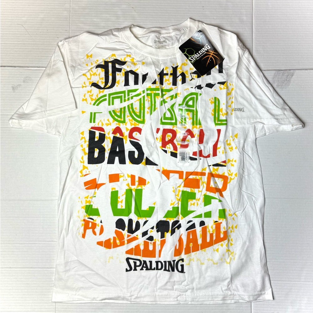 SPALDING Mens Large T-Shirt‎ Tee White Basketball Football Graphic Sports Shirt